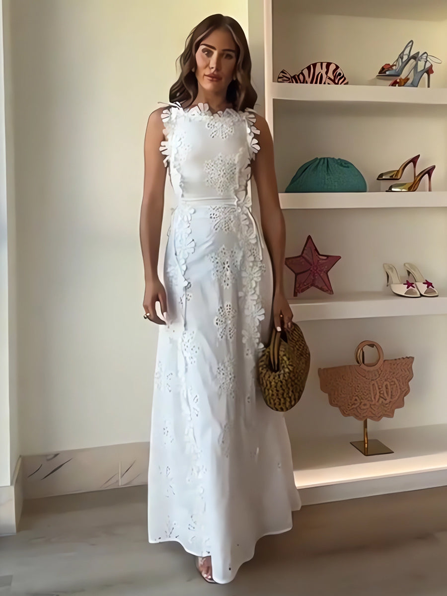 Anne – Long dress with knotted straps and floral lace pattern