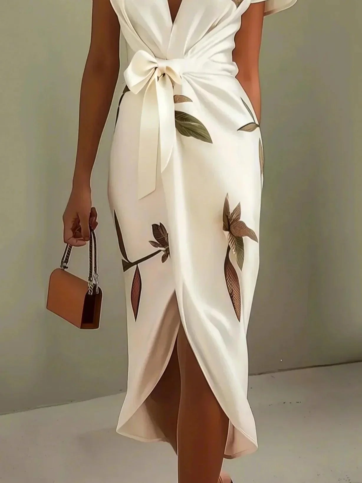 Charlotte I Midi bodycon dress in satin with short sleeves and white leaf pattern