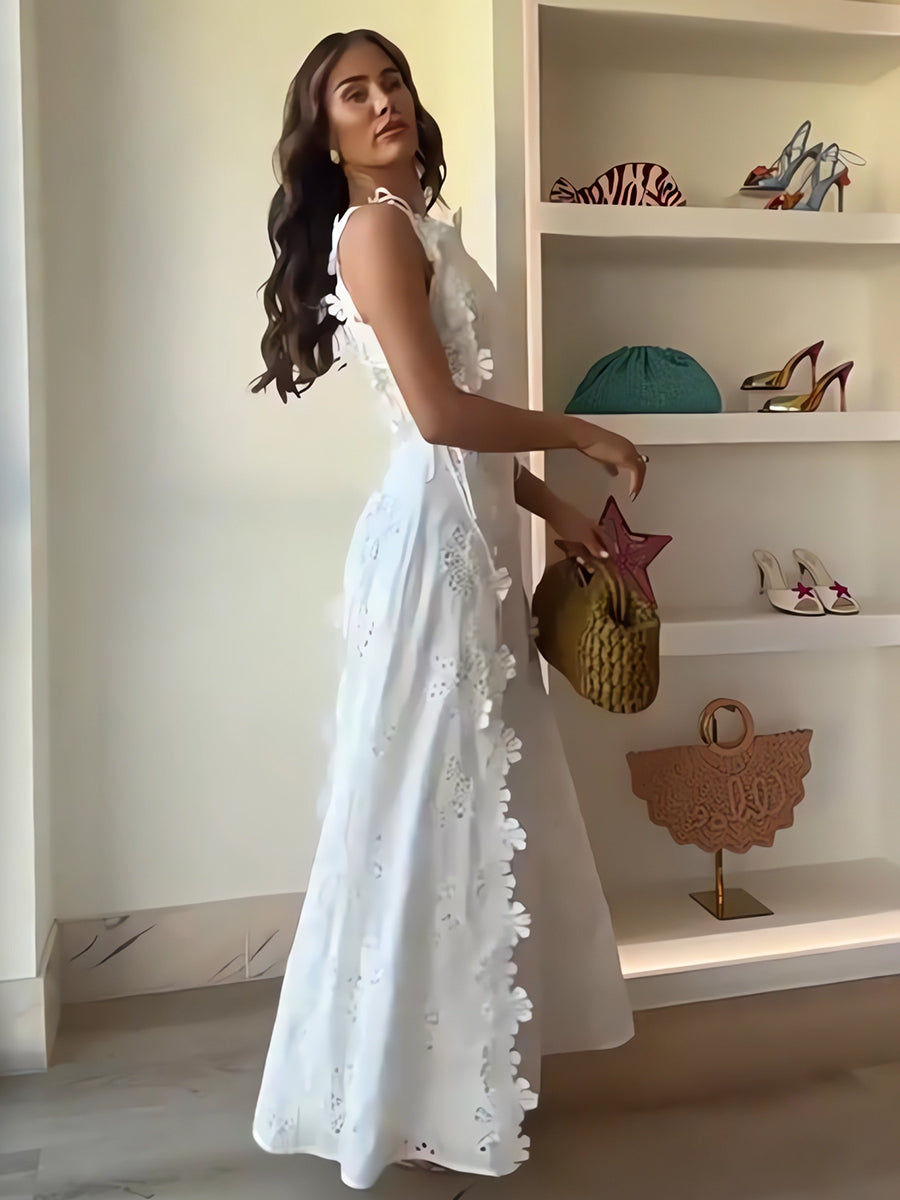 Anne – Long dress with knotted straps and floral lace pattern