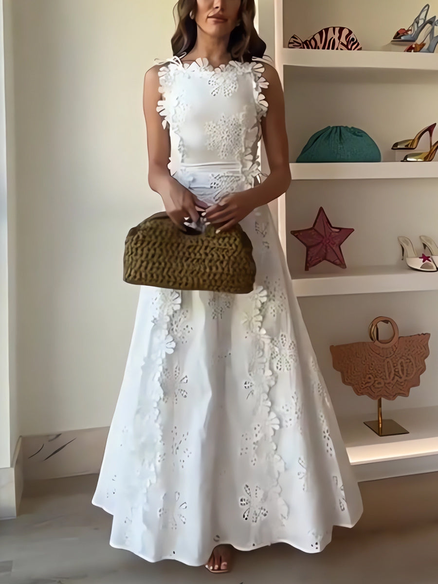 Anne – Long dress with knotted straps and floral lace pattern