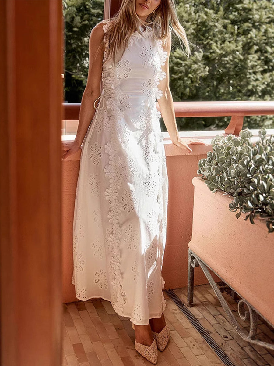Anne – Long dress with knotted straps and floral lace pattern