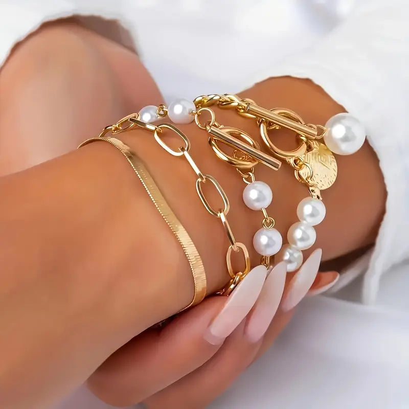 Amie Set of 4 Chic Gold Bracelets – Snake, Pearls, and Links | Gold