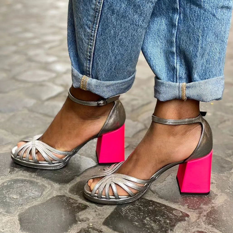 Nia | Shiny Sandals with Chunky Heel and Elegant Buckle