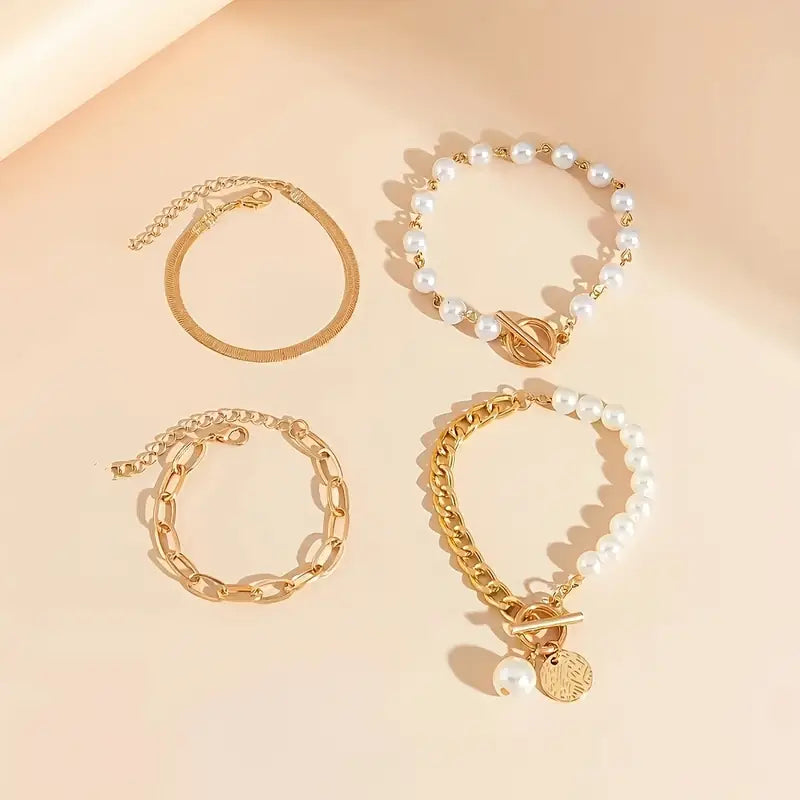 Amie Set of 4 Chic Gold Bracelets – Snake, Pearls, and Links | Gold