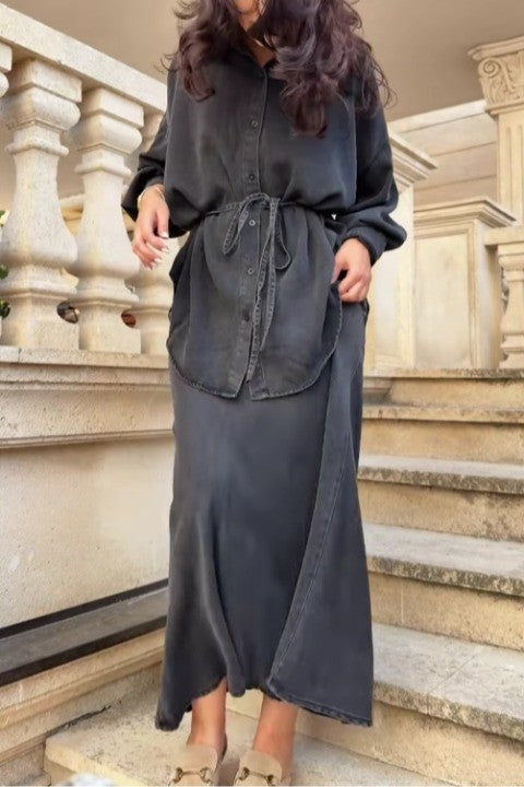 Aizeah | Long-sleeved Tie-Drawstring Shirt and Skirt Set
