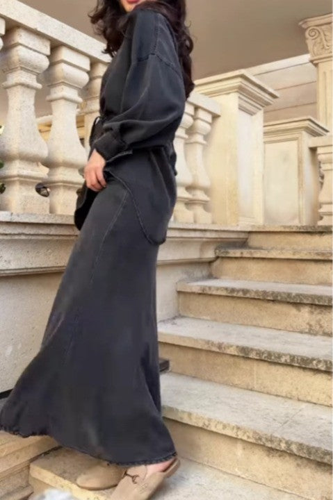 Aizeah | Long-sleeved Tie-Drawstring Shirt and Skirt Set