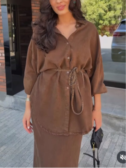 Aizeah | Long-sleeved Tie-Drawstring Shirt and Skirt Set