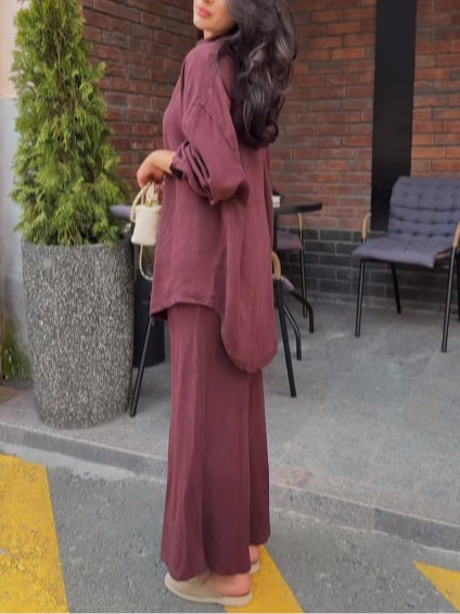 Aizeah | Long-sleeved Tie-Drawstring Shirt and Skirt Set
