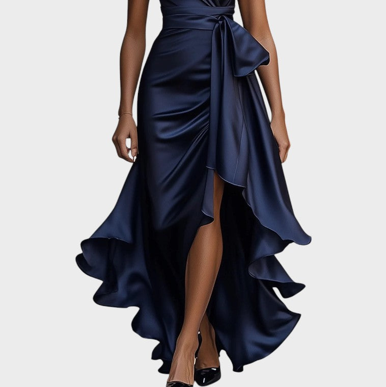 Seraphina | Elegant Midnight Satin Dress with Ankle Collar and Ruffles
