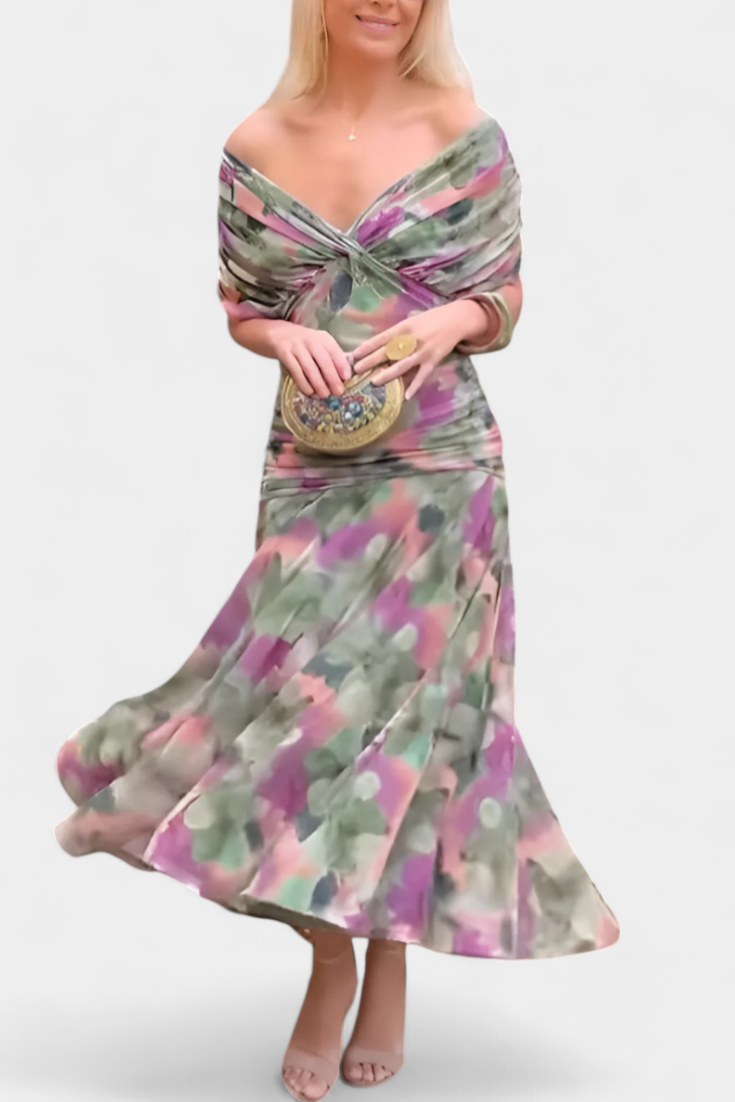Vasilisa Long Dress with Fantasy Floral Print and V-Neck