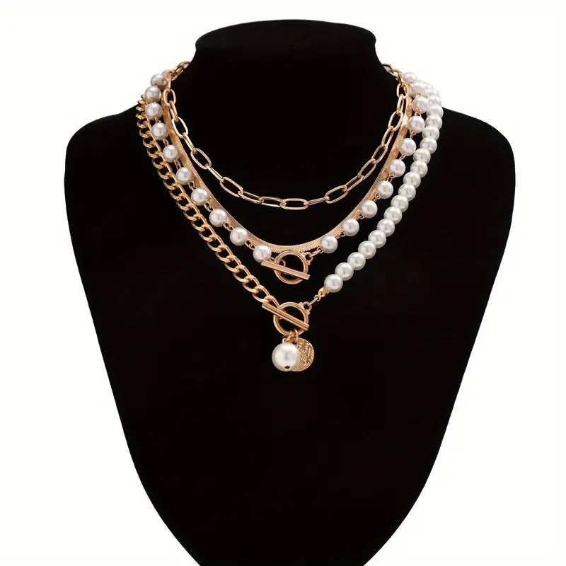 Anya Vintage necklace set with pearl and snake chain | Gold