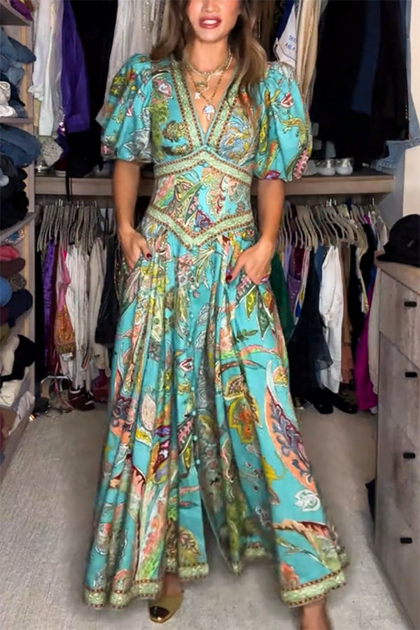 Amelia I  Airy Long Dress with Puff Sleeves and V-Neck
