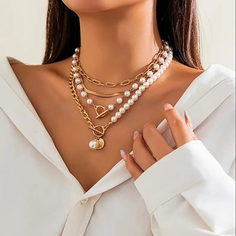 Anya Vintage necklace set with pearl and snake chain | Gold