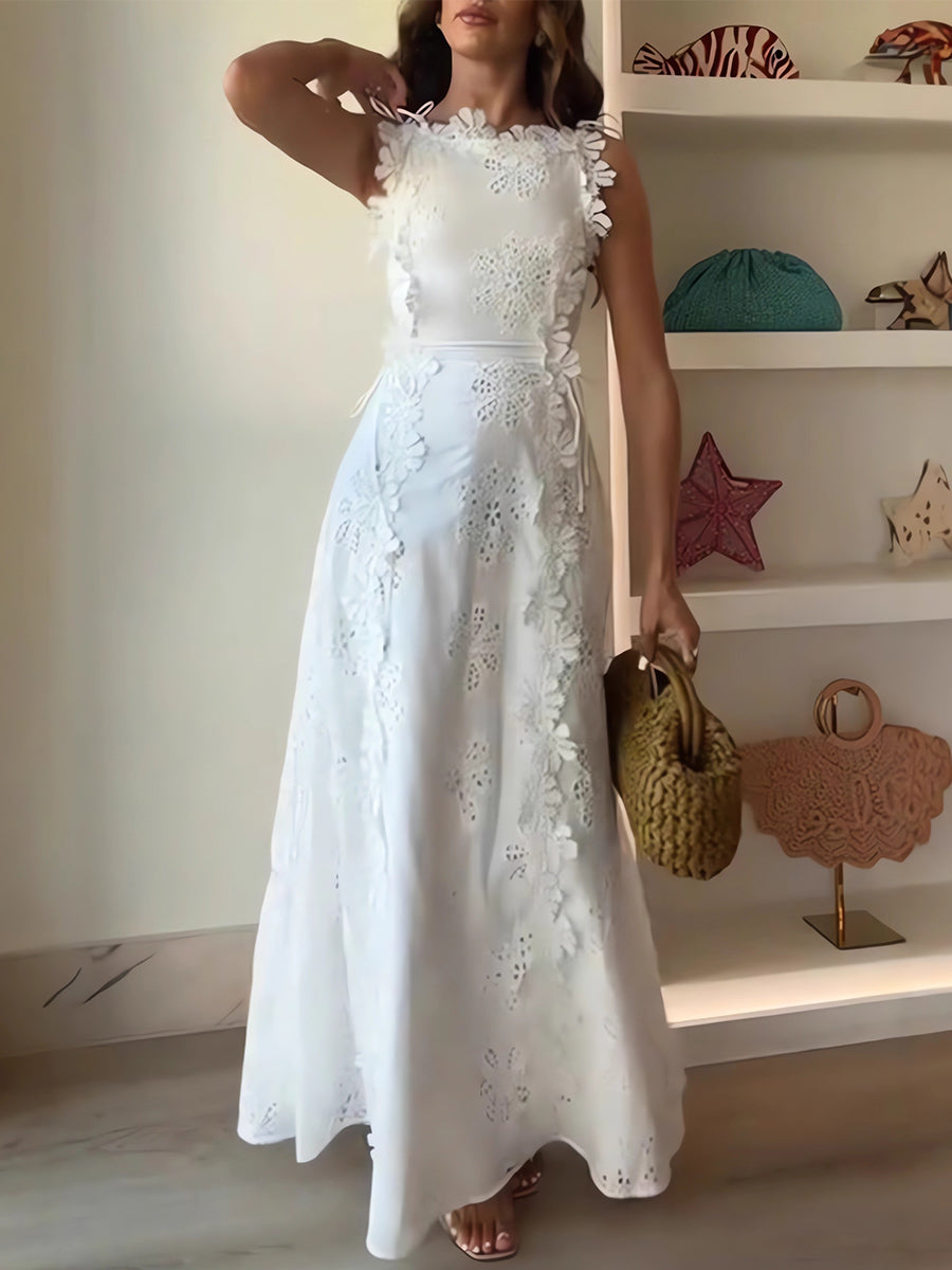 Anne – Long dress with knotted straps and floral lace pattern