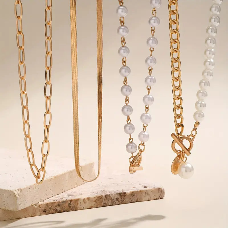Anya Vintage necklace set with pearl and snake chain | Gold