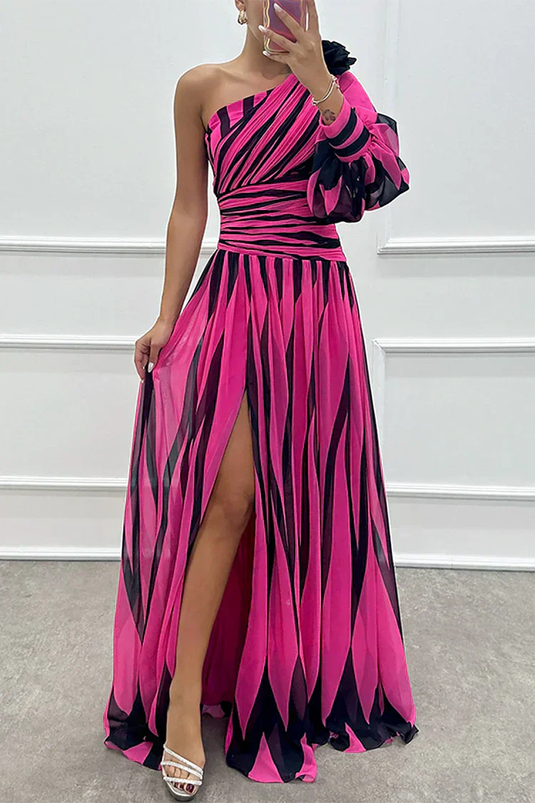 Nora - Elegant Long Striped Dress with One Shoulder