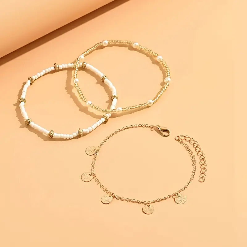 Sera Set of 3 Layered Anklets Coastal Charm | Gold