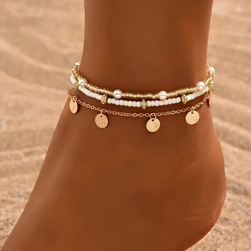Sera Set of 3 Layered Anklets Coastal Charm | Gold
