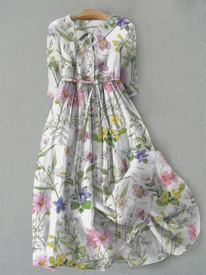 Evelina- Summer Floral A-Line Dress with Waist Ties