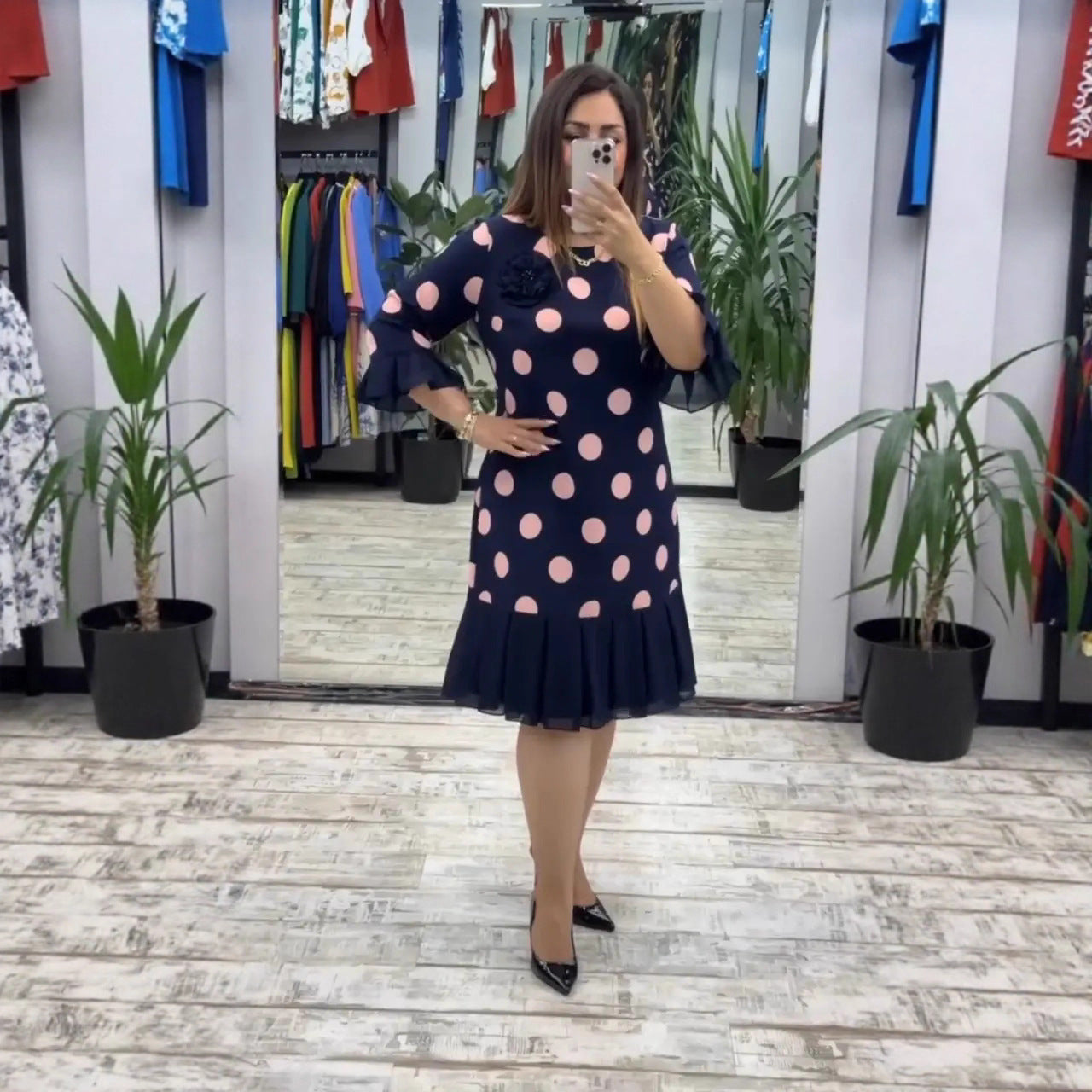 Women's Pleated Polka Dot Dress