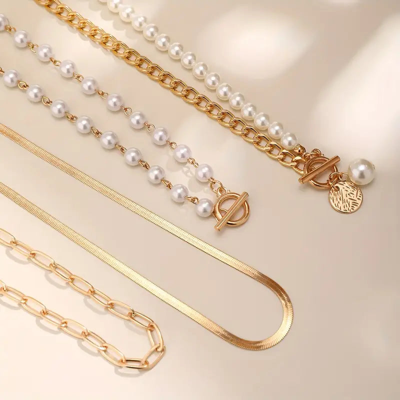 Anya Vintage necklace set with pearl and snake chain | Gold