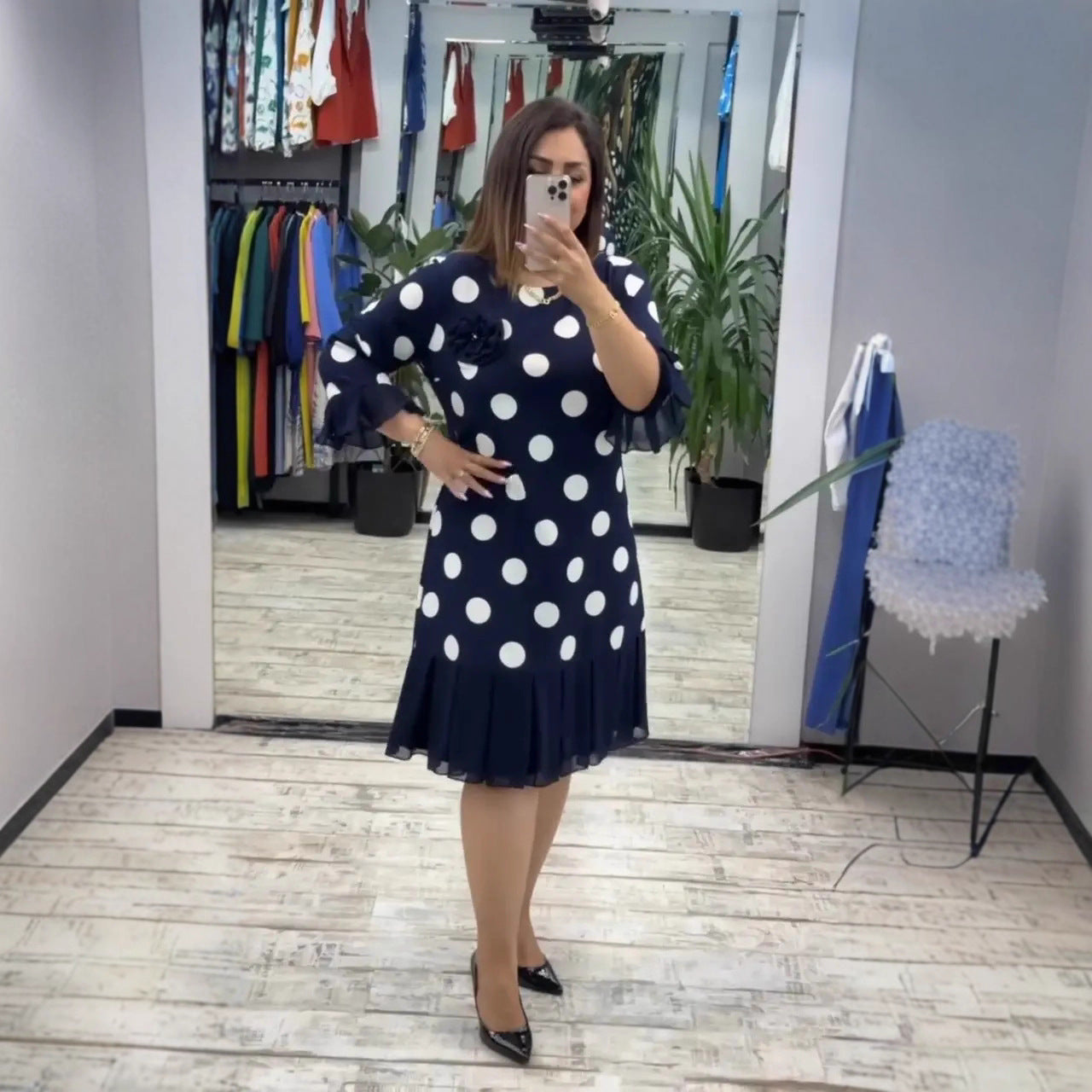 Women's Pleated Polka Dot Dress