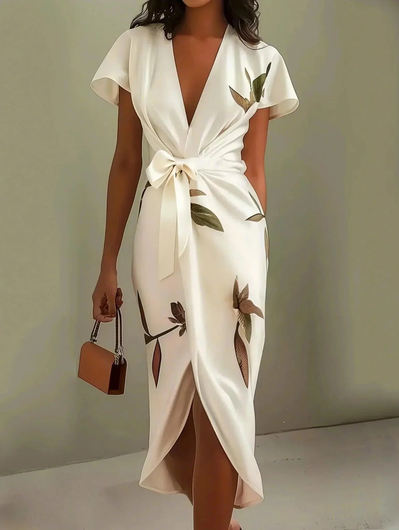 Charlotte I Midi bodycon dress in satin with short sleeves and white leaf pattern