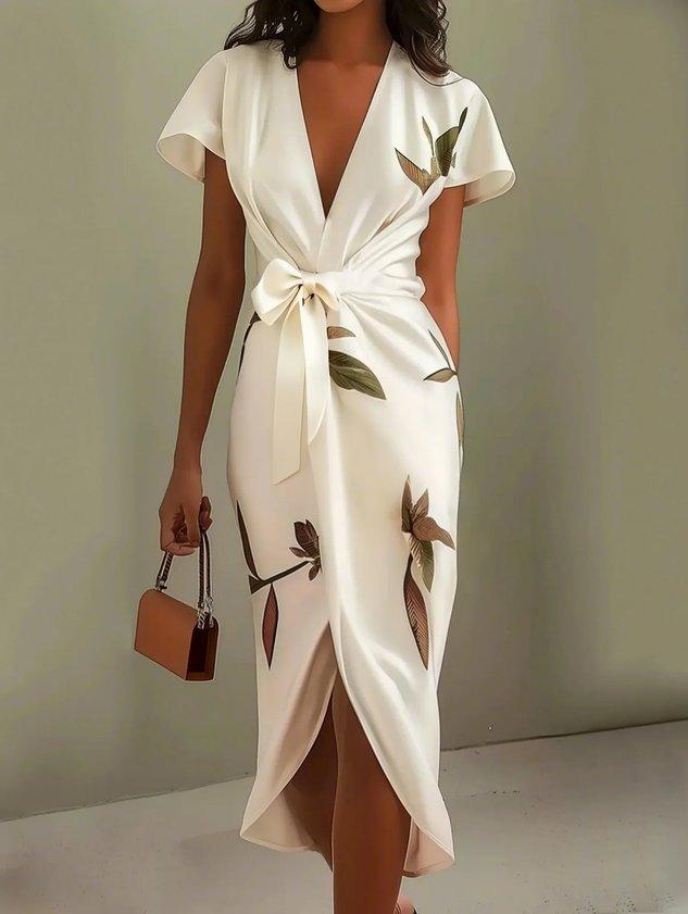 Charlotte I Midi bodycon dress in satin with short sleeves and white leaf pattern
