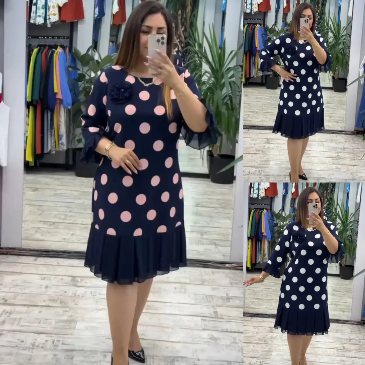 Women's Pleated Polka Dot Dress