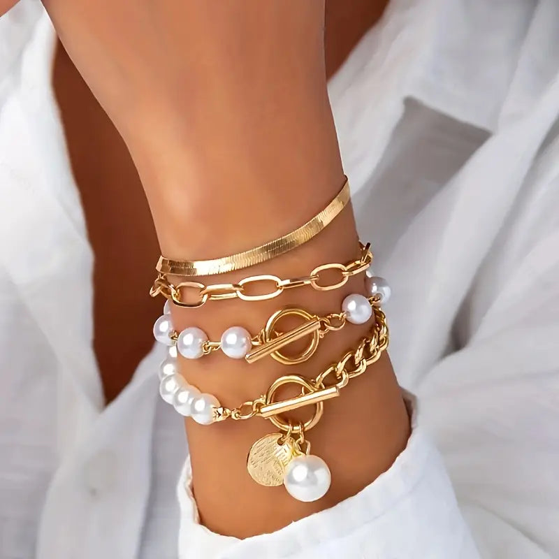 Amie Set of 4 Chic Gold Bracelets – Snake, Pearls, and Links | Gold