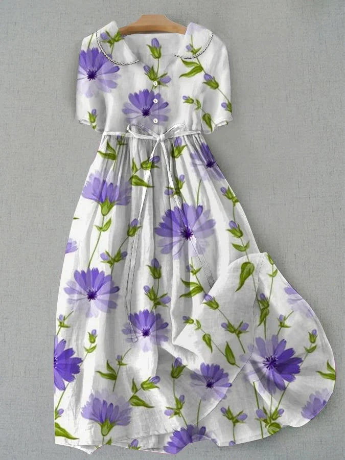 Thalia - Vintage Floral Dress with Waist Ties and Half Sleeves