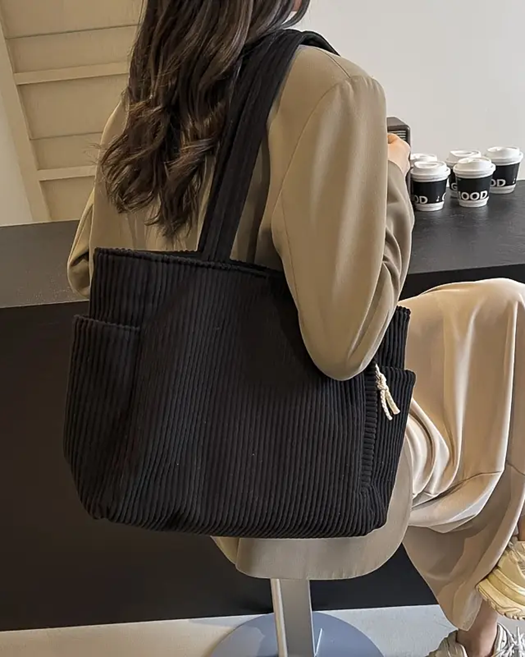 Rich | Ribbed Tote Bag with Cord Detail