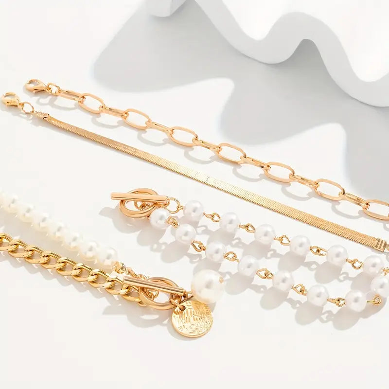 Amie Set of 4 Chic Gold Bracelets – Snake, Pearls, and Links | Gold