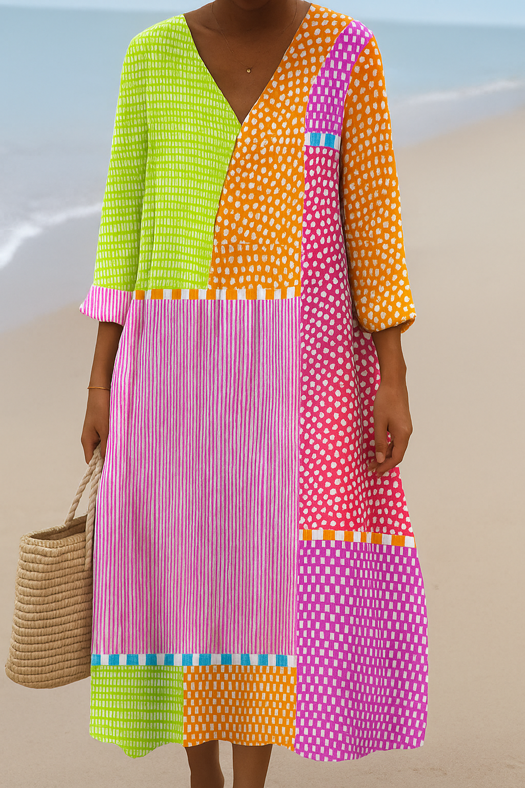 Zélie | Multicolored Patchwork Dress with Dots and Stripes