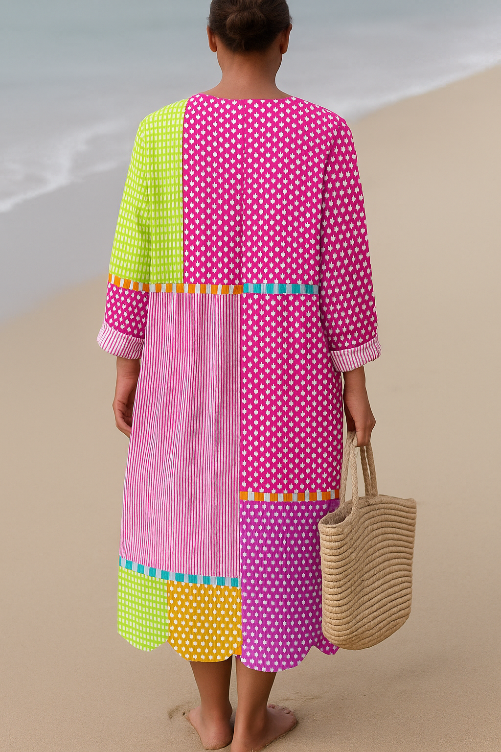 Zélie | Multicolored Patchwork Dress with Dots and Stripes