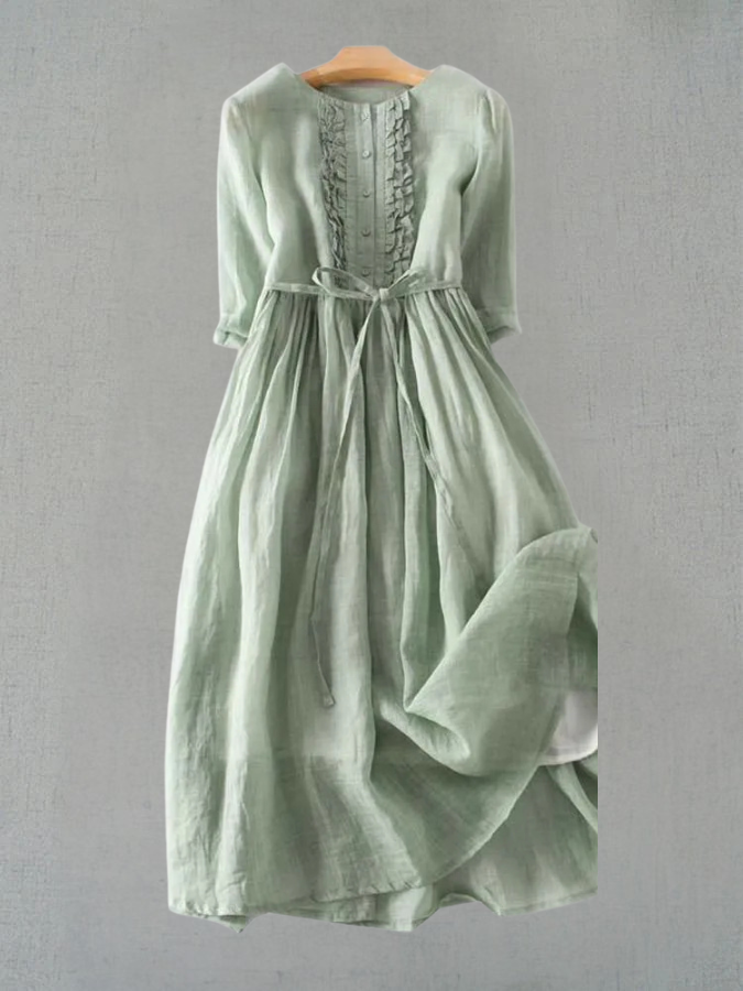 Elara - Women's Retro Style Dress with Round Neck and Waist Ties