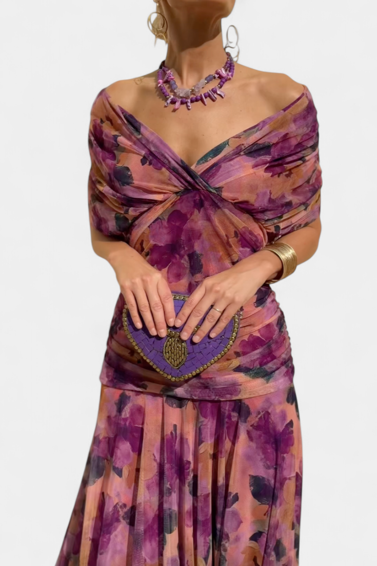 Vasilisa Long Dress with Fantasy Floral Print and V-Neck