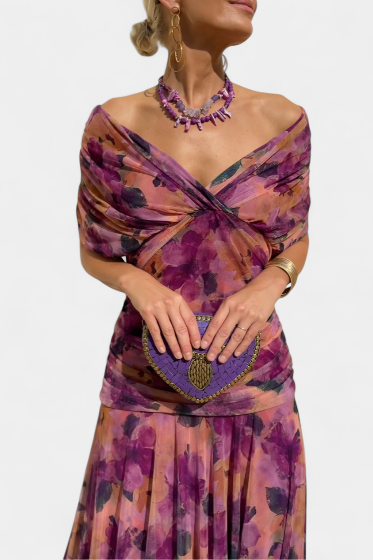 Vasilisa Long Dress with Fantasy Floral Print and V-Neck