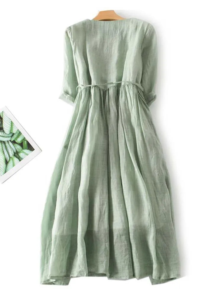 Elara - Women's Retro Style Dress with Round Neck and Waist Ties