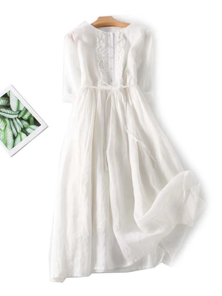 Elara - Women's Retro Style Dress with Round Neck and Waist Ties