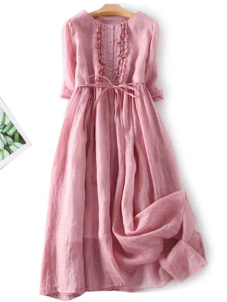 Elara - Women's Retro Style Dress with Round Neck and Waist Ties