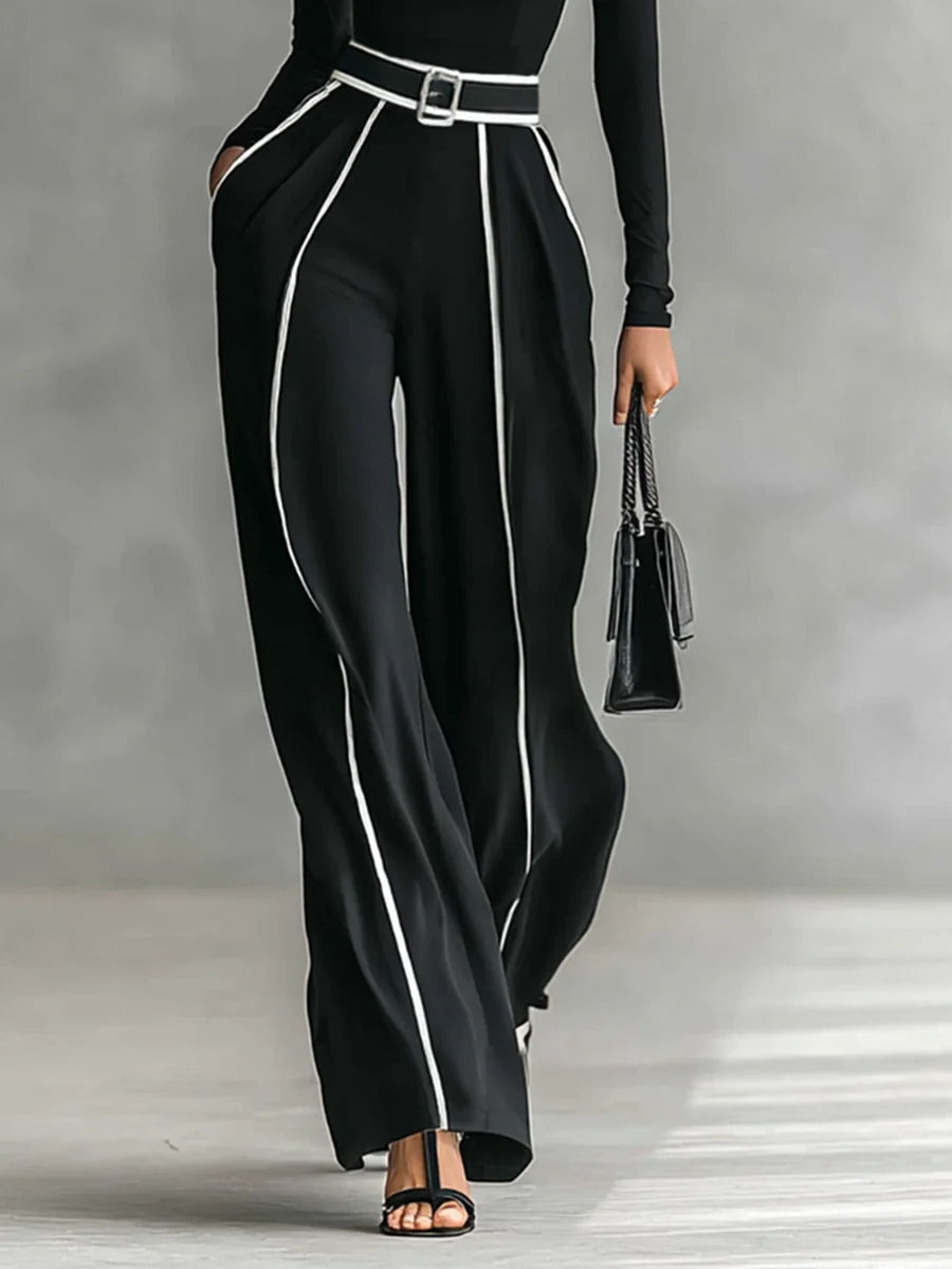 Zoe | White Trim High-neck Long-sleeved Top With Wide-leg Pants and Belt Set