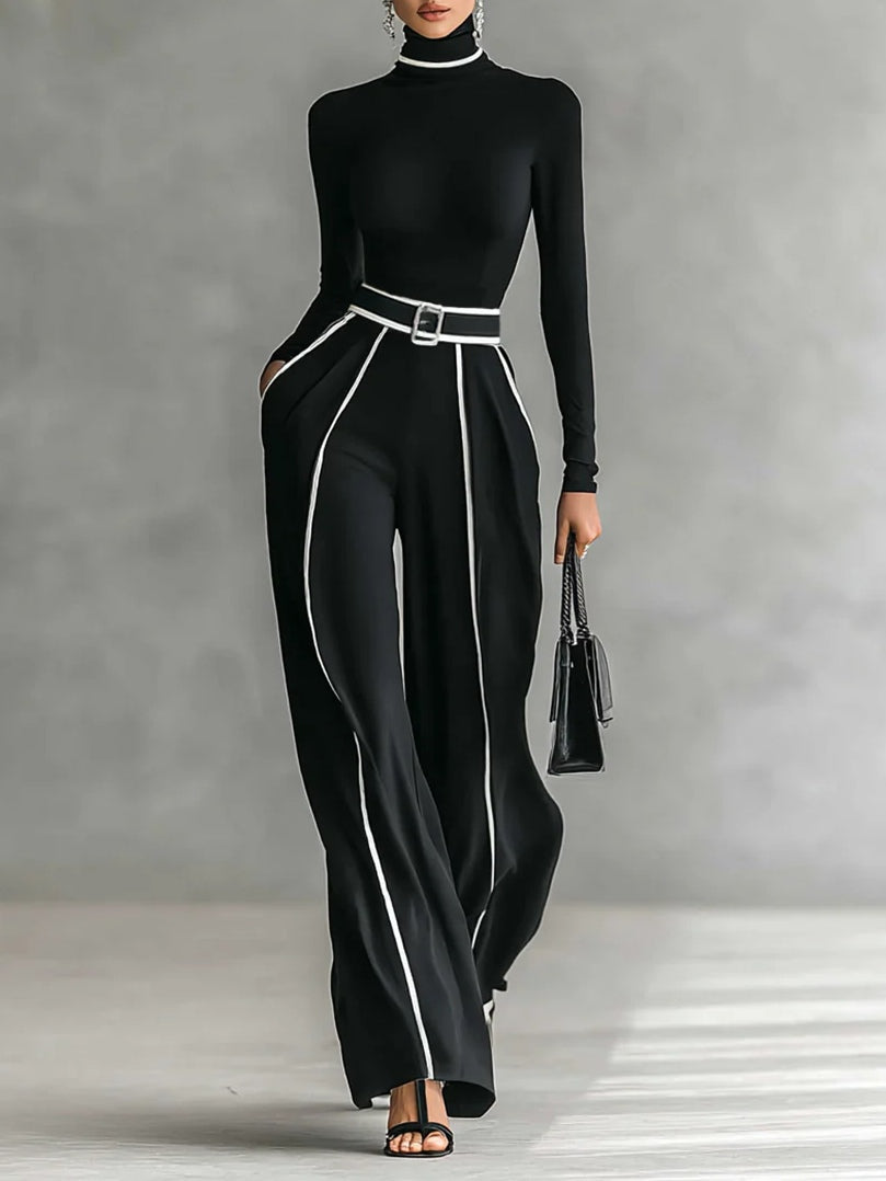 Zoe | White Trim High-neck Long-sleeved Top With Wide-leg Pants and Belt Set
