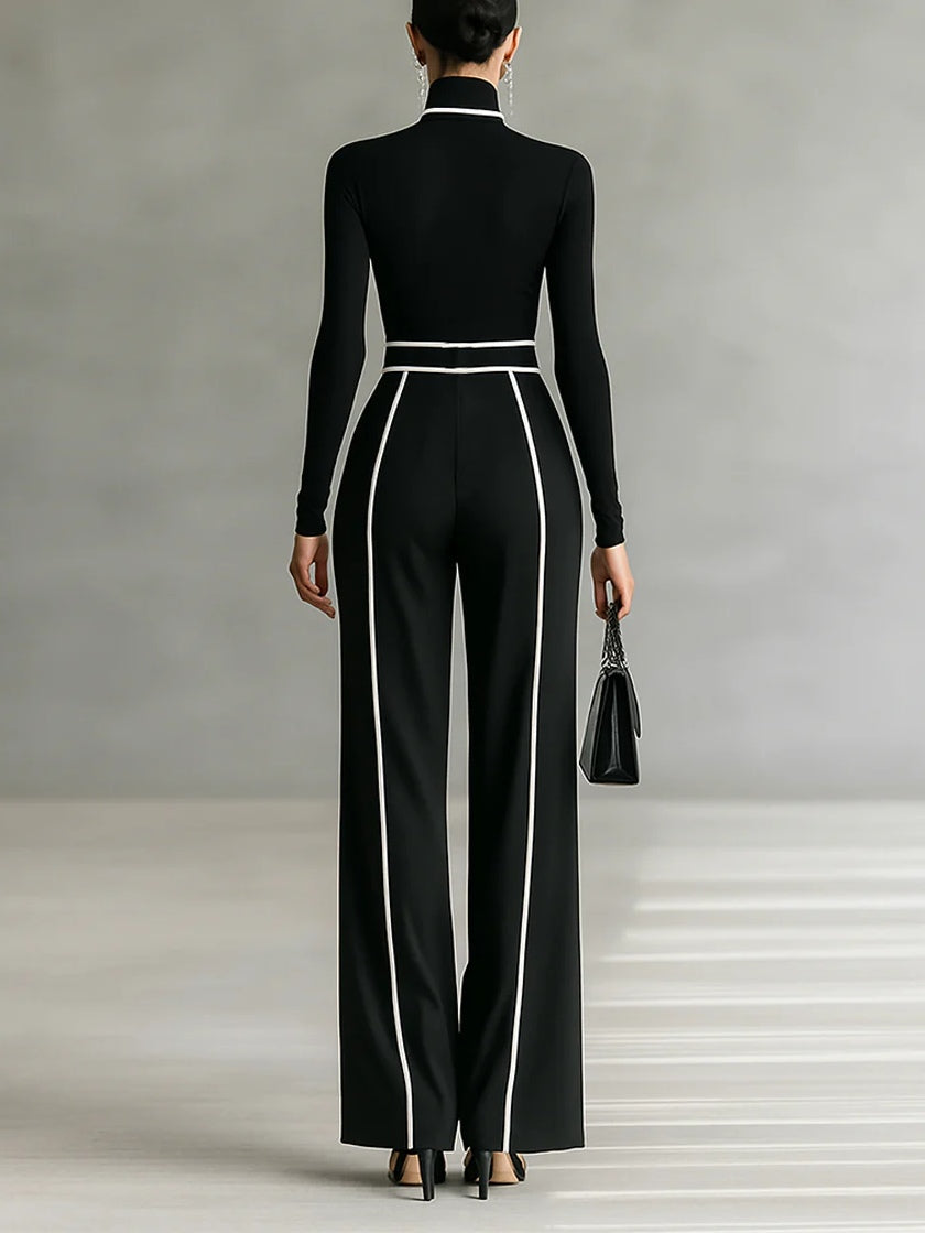 Zoe | White Trim High-neck Long-sleeved Top With Wide-leg Pants and Belt Set