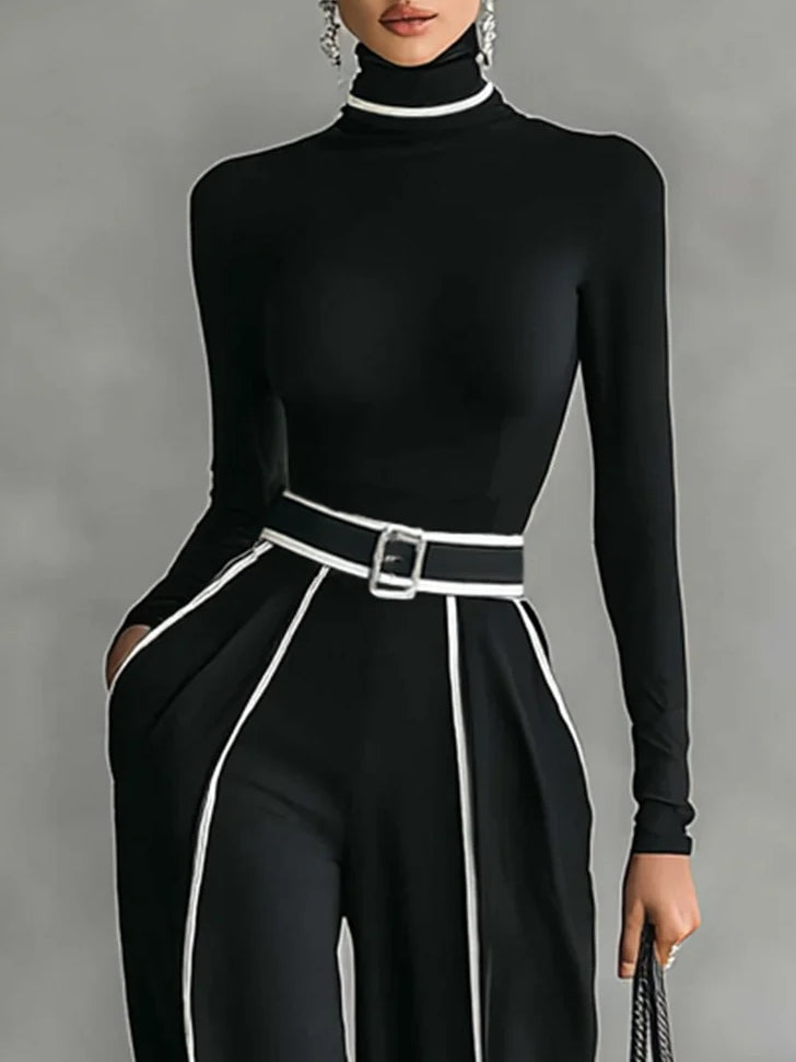 Zoe | White Trim High-neck Long-sleeved Top With Wide-leg Pants and Belt Set