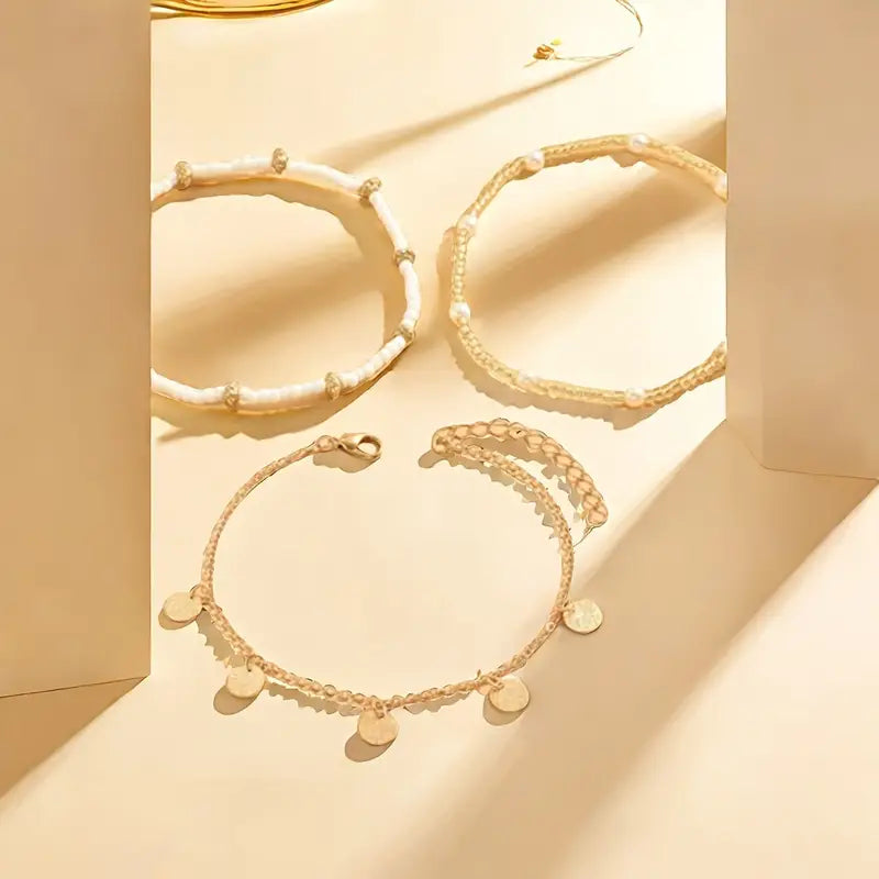 Sera Set of 3 Layered Anklets Coastal Charm | Gold