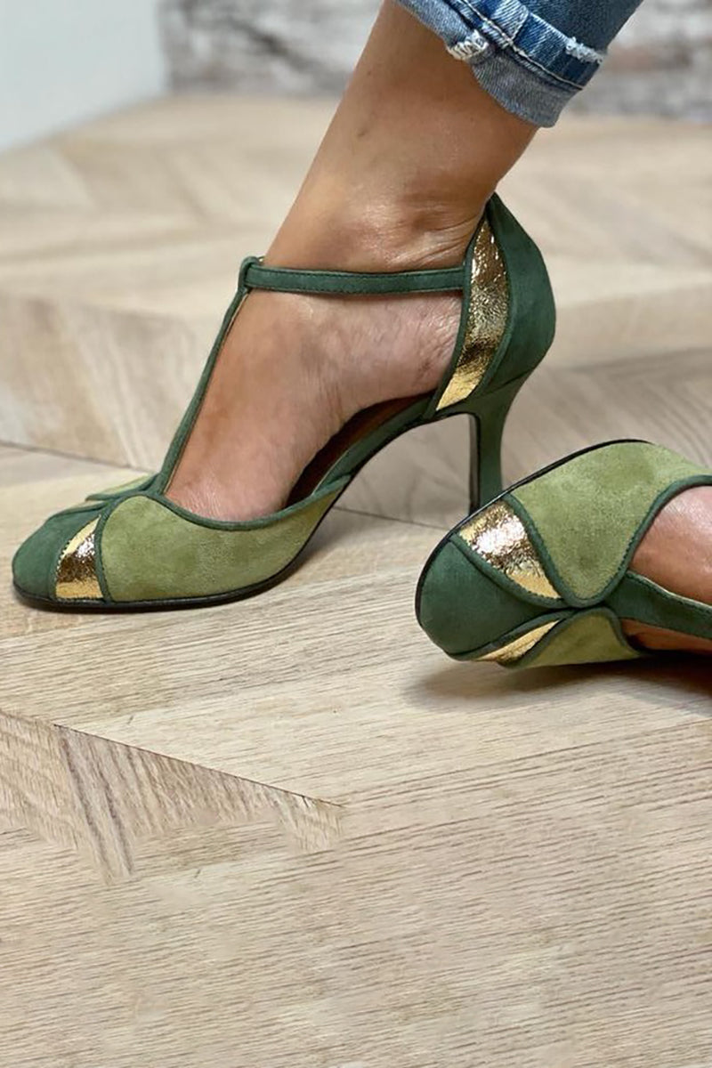 Faye | Patchwork Heels with T-Strap and Closed Toe