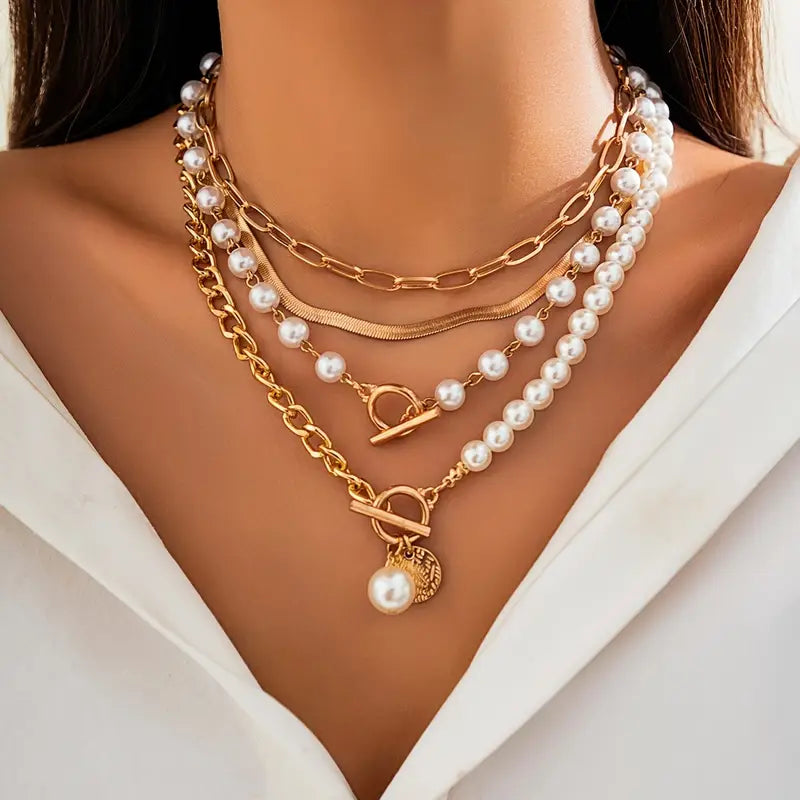 Anya Vintage necklace set with pearl and snake chain | Gold
