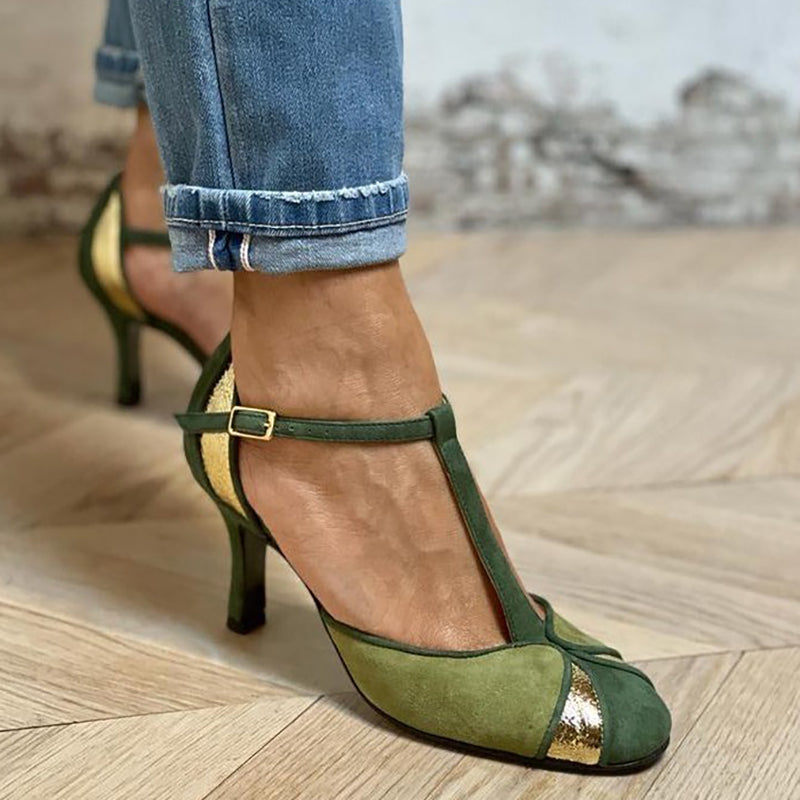Faye | Patchwork Heels with T-Strap and Closed Toe