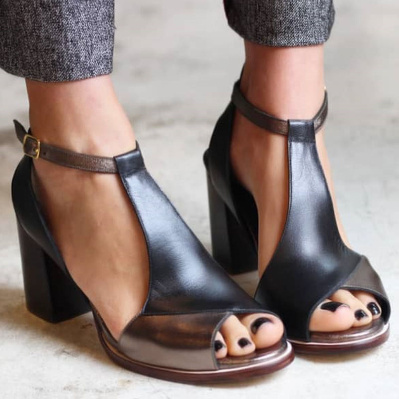 Bea | Black Patchwork Peep Toe Heels